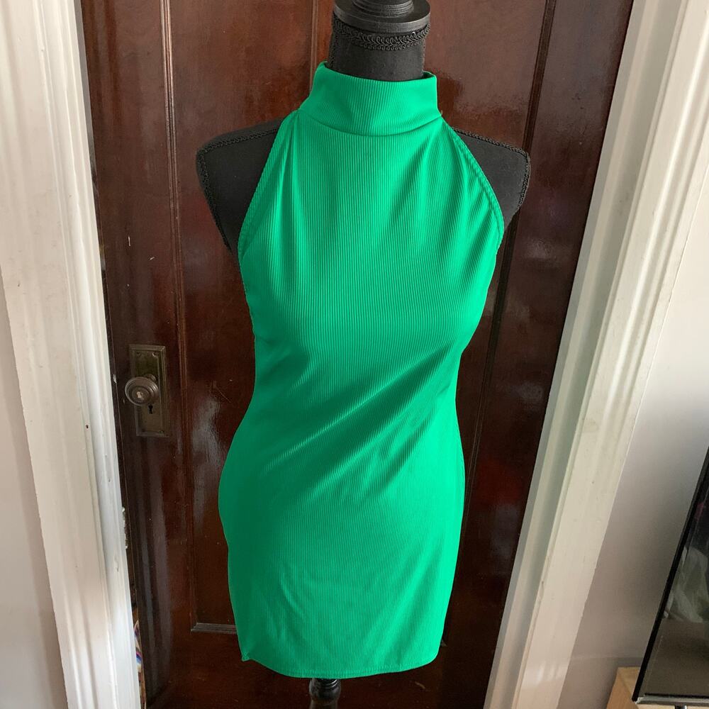 Green Rib Knit Mock Neck Backless Halter Dress Sz 10 Pretty Little Thing - Picture 5 of 13